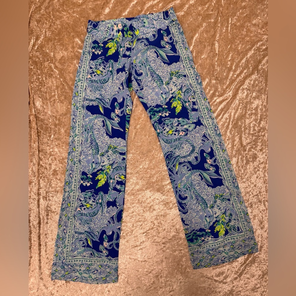 Lilly Pulitzer Navy Blue & Light Blue Paisley Wide Leg Pants with Lime Accents